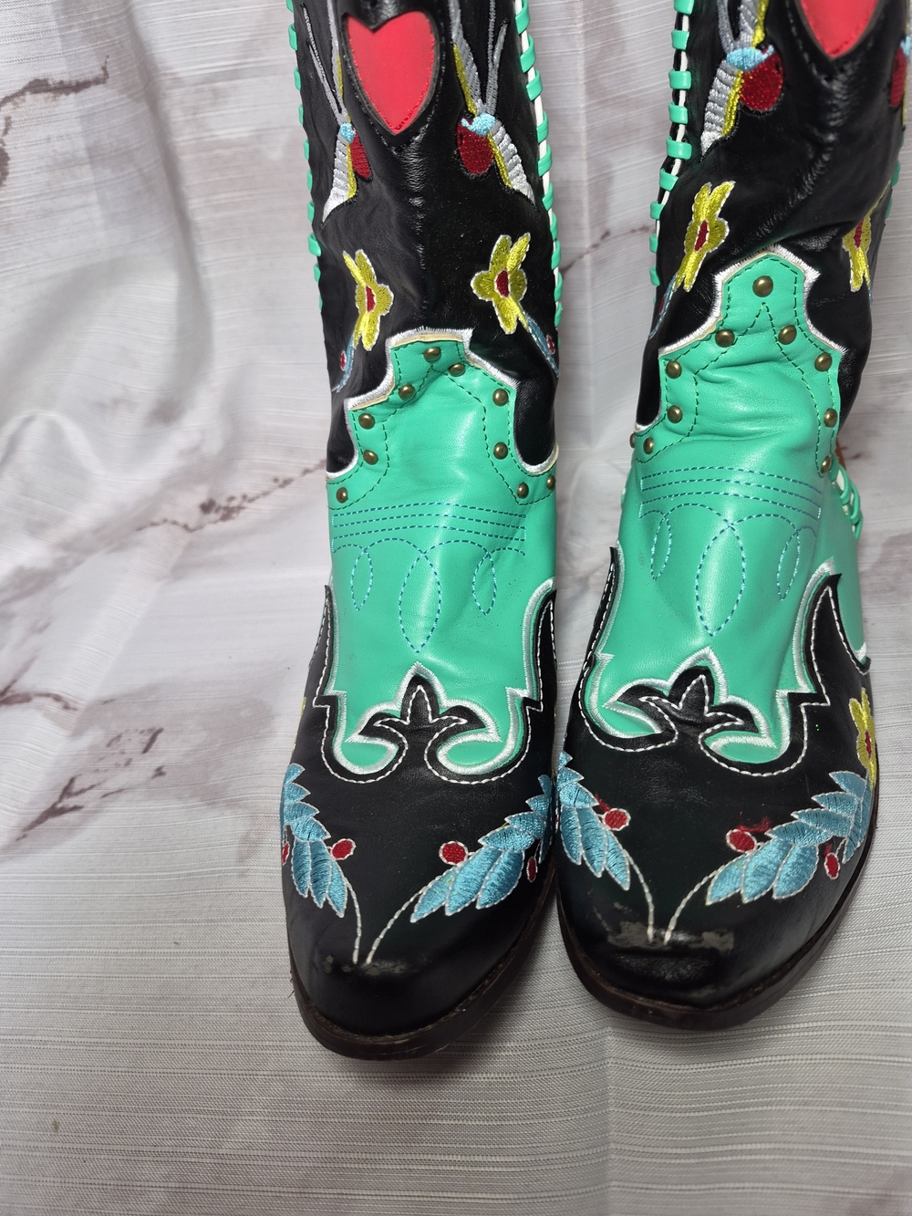 Turquoise & Black Embroidered Western Cowgirl Boots By Scaoruki - Picture 5 of 10